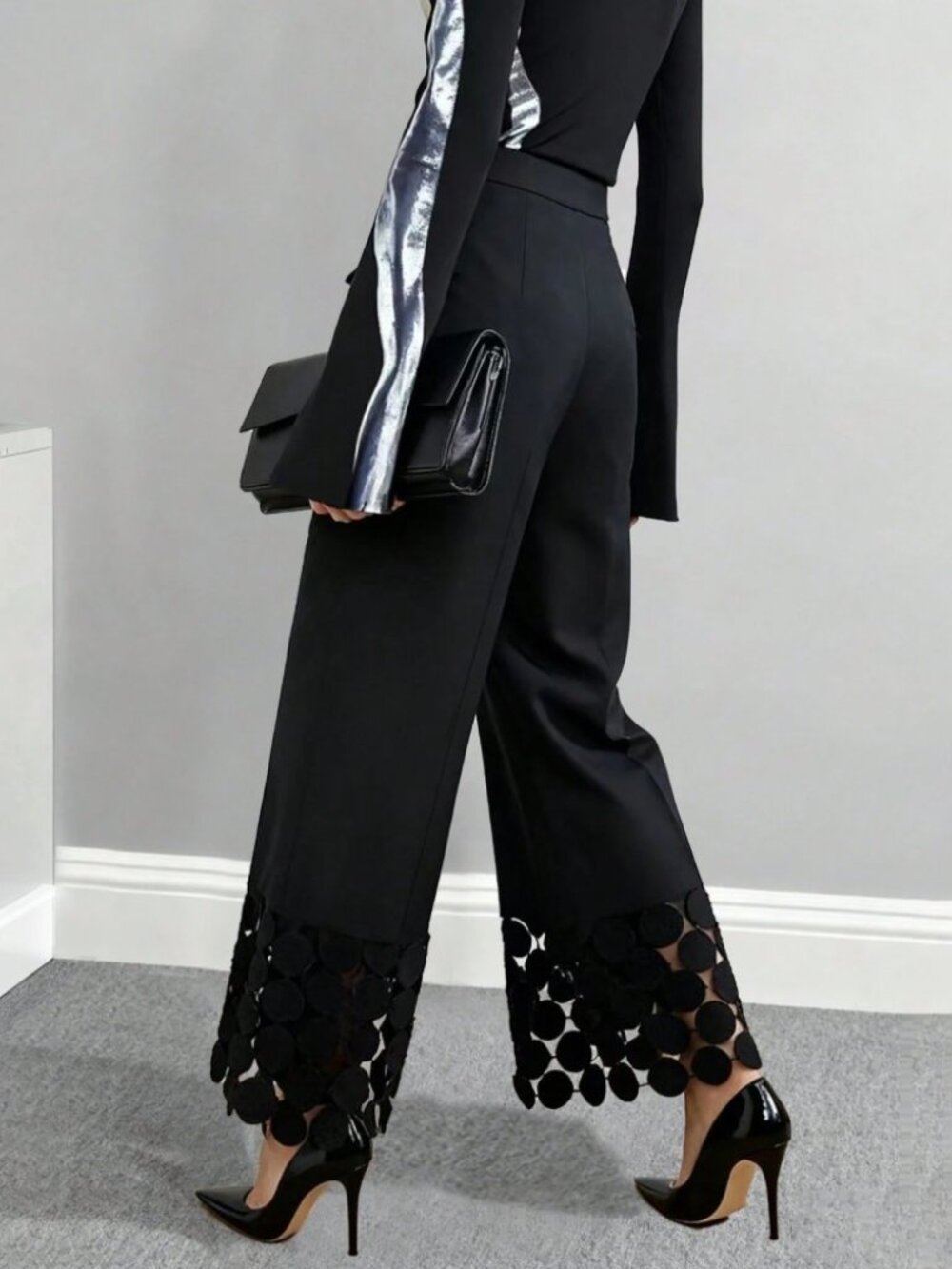 Black Wide Leg Trousers with Circle Cutout Hem Detail - Picture 2 of 5